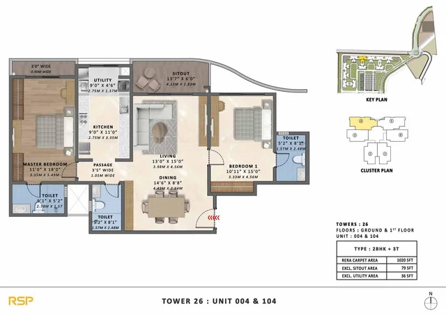 2 BHK plus 3 toilet plan