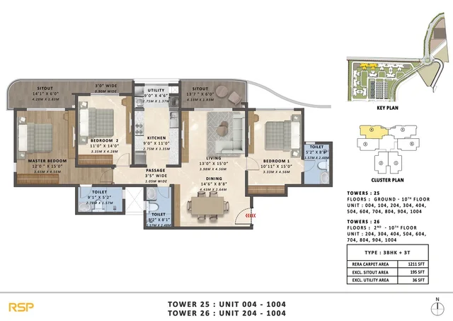 3 BHK plus 3 toilet 1211 plan