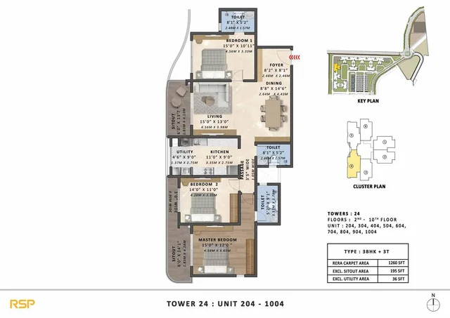 3 BHK plus 3 toilet 1260 plan
